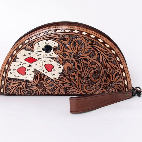 American Darling Leather Wristlet – Tooled Floral & Playing Card Ace Motif - Picture 2 of 5